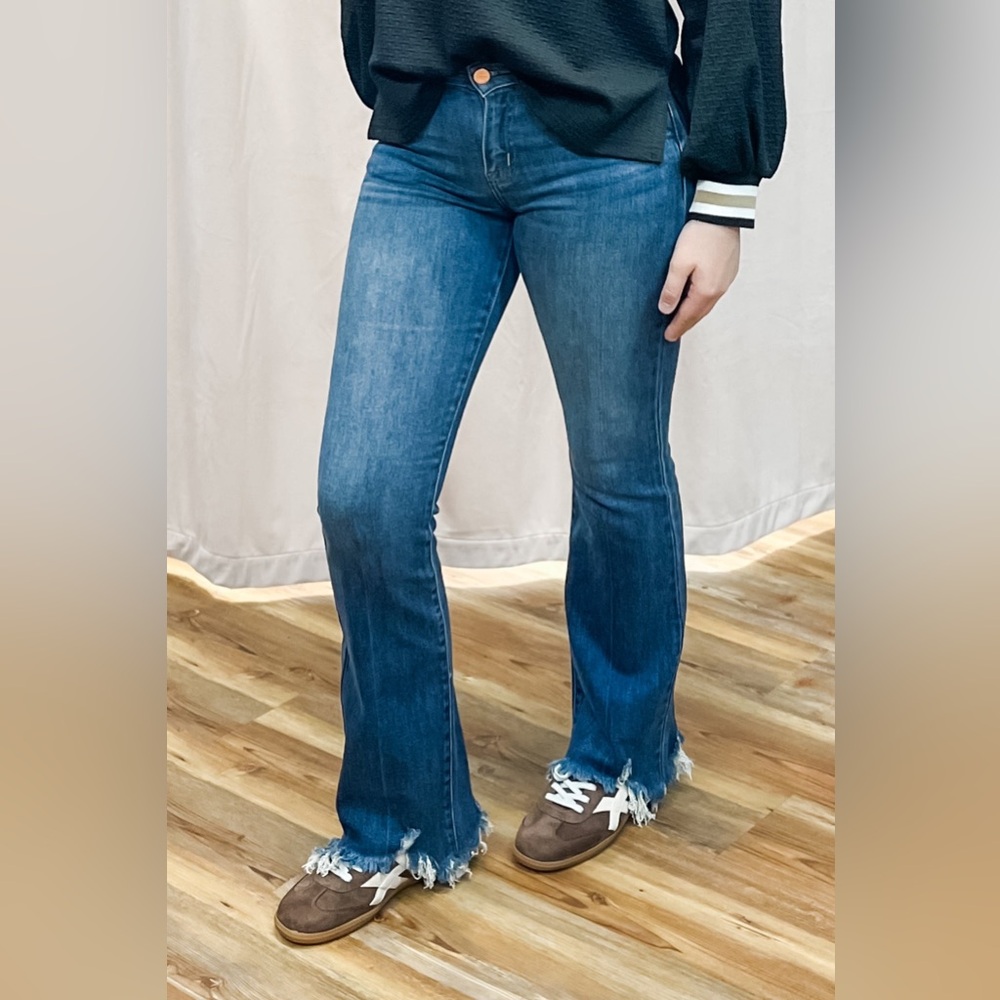 Risen Jeans Mid Rise Flare Denim with Frayed Hem Dark Wash RDP5836